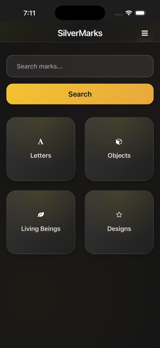 Silver Marks app — hallmark search screen