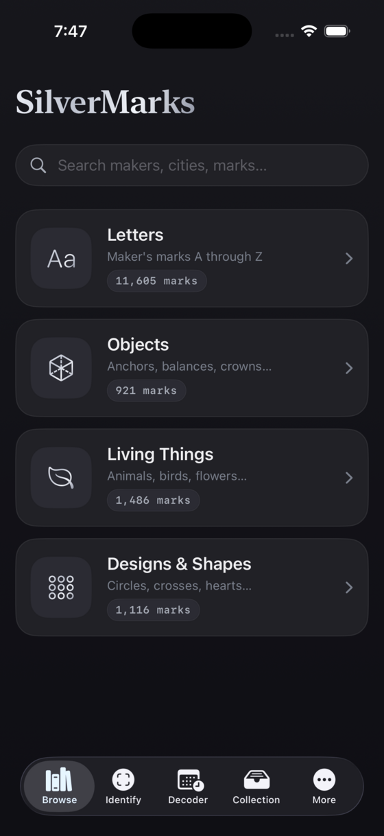 Silver Marks app, hallmark search screen
